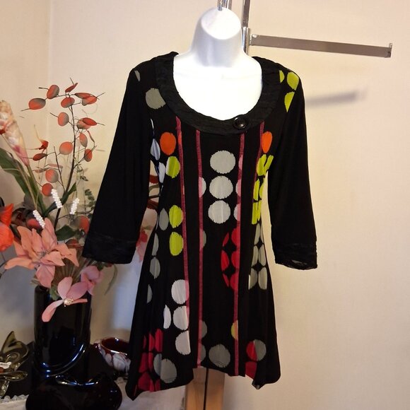 NWT Zoe Women's Black Multi Color Patchwork Blouse ¾ Sleeve Top Size M - Picture 2 of 9